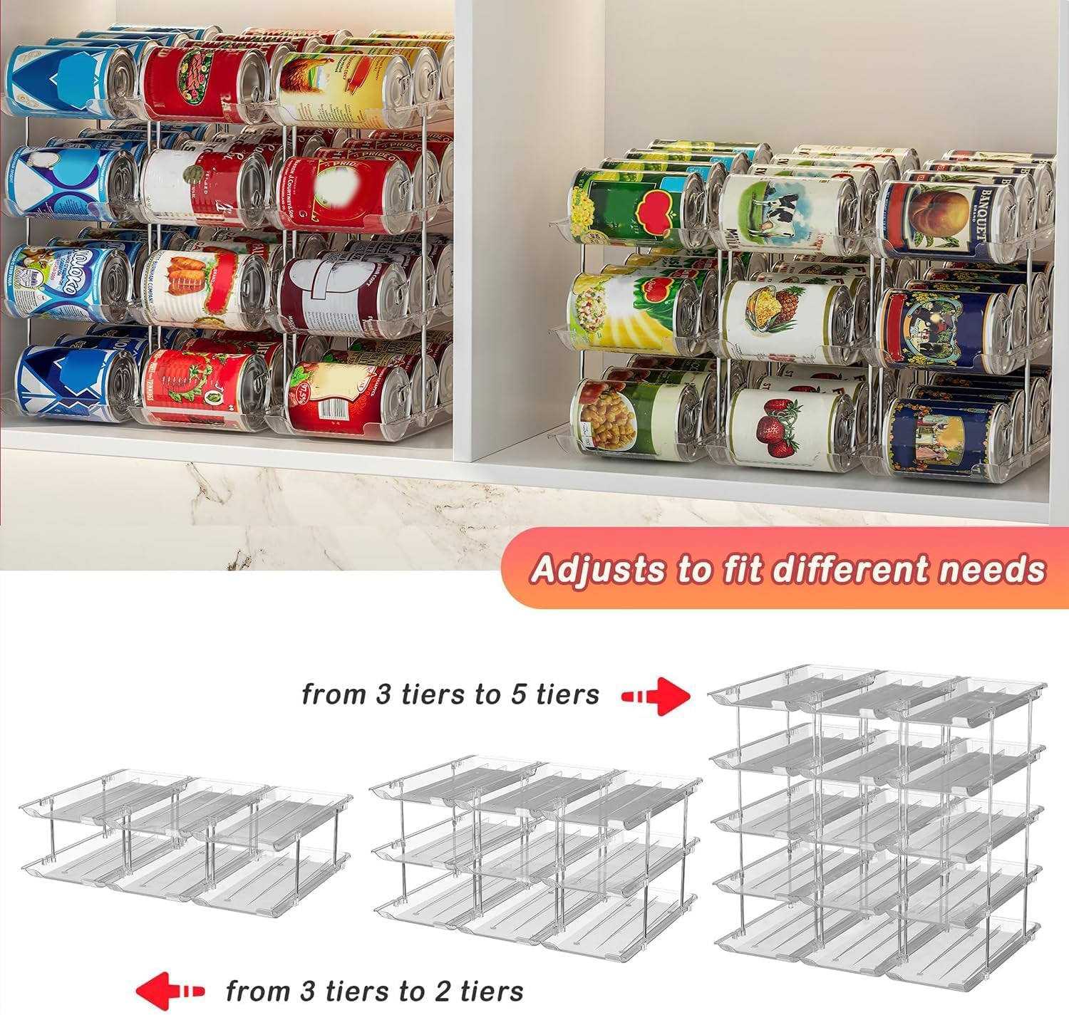 Can Storage Organiser for Pantry ,Adjustable Height and Width Canned Goods Organiser, Soup Can Organiser Holds up to 36 Cans Food Dispenser Holder for Fridge,Kitchen Cabinet , 3 Tier(3 * 3)