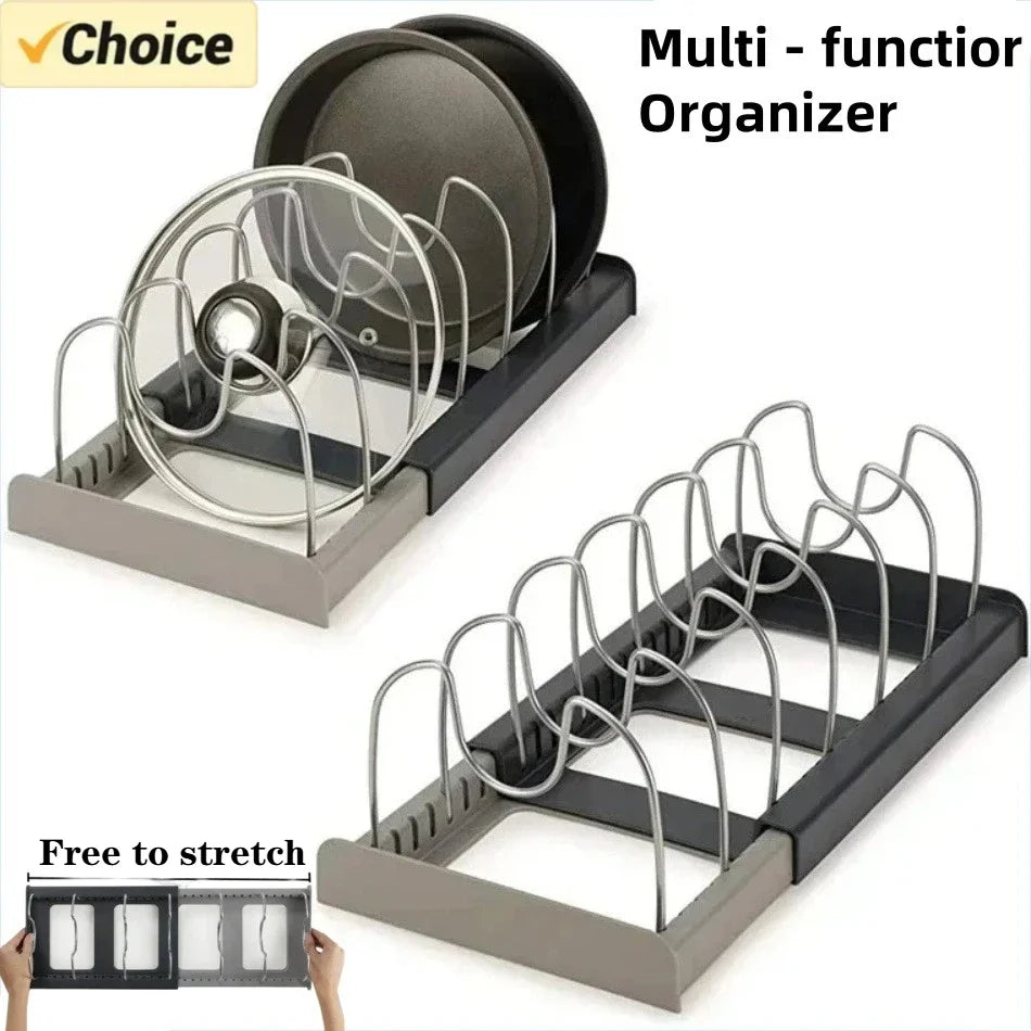 1Pc 7-Grid Telescopic Pot Rack,Pans Organizer,Space-Saving Cabinet Holder for Pots,Pans and Lids-Keep Your Kitchen Neat and Tidy