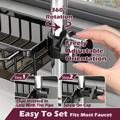 Kitchen Sink Faucet Organizer Dish Drain Rack, Rustproof Sponge Stand Adjustable Holder Sink Caddy Gadgets Storage Accessories