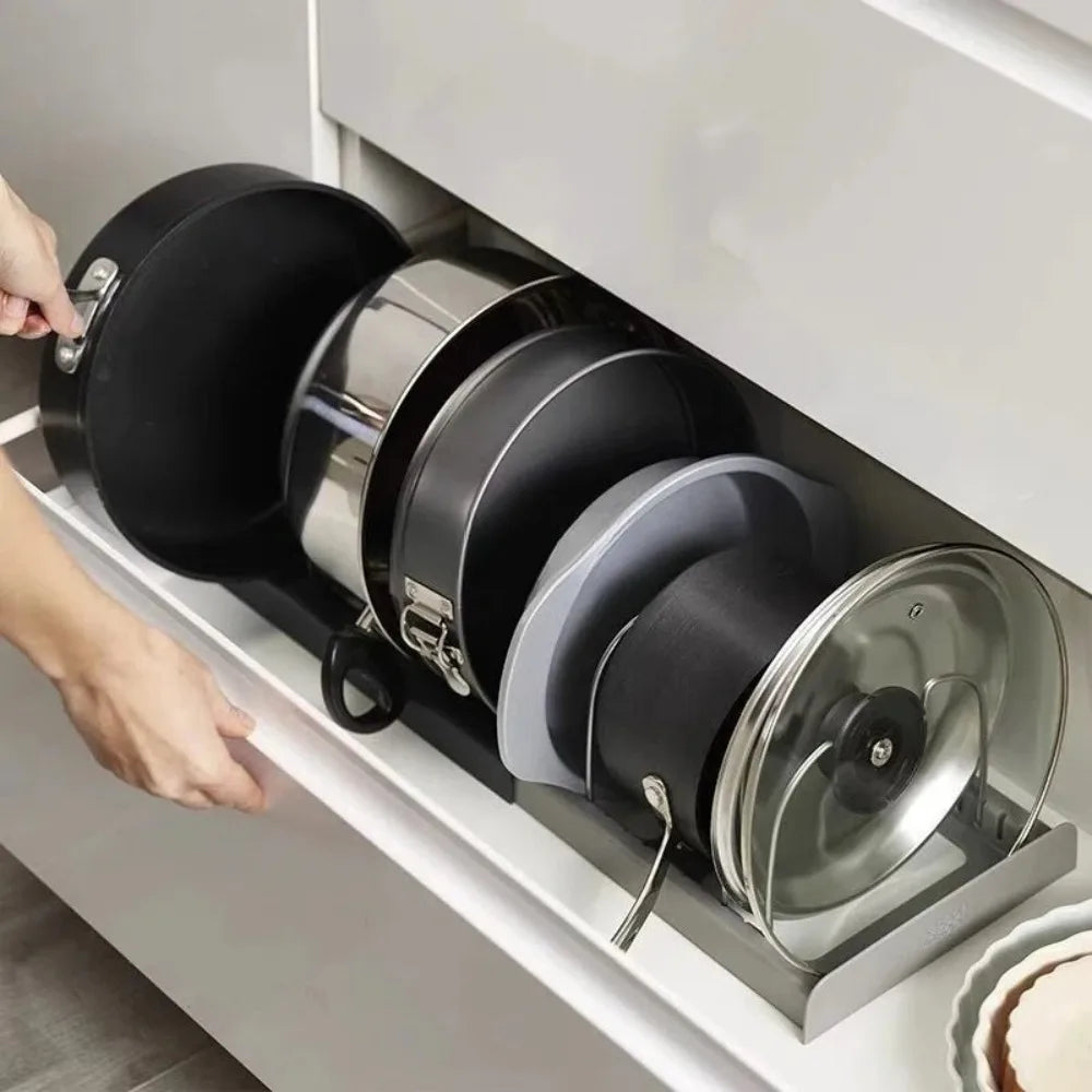 1Pc 7-Grid Telescopic Pot Rack,Pans Organizer,Space-Saving Cabinet Holder for Pots,Pans and Lids-Keep Your Kitchen Neat and Tidy