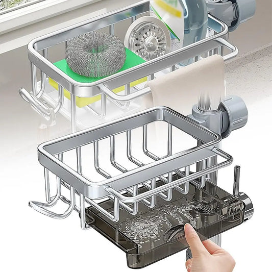 Kitchen Sink Faucet Organizer Dish Drain Rack, Rustproof Sponge Stand Adjustable Holder Sink Caddy Gadgets Storage Accessories