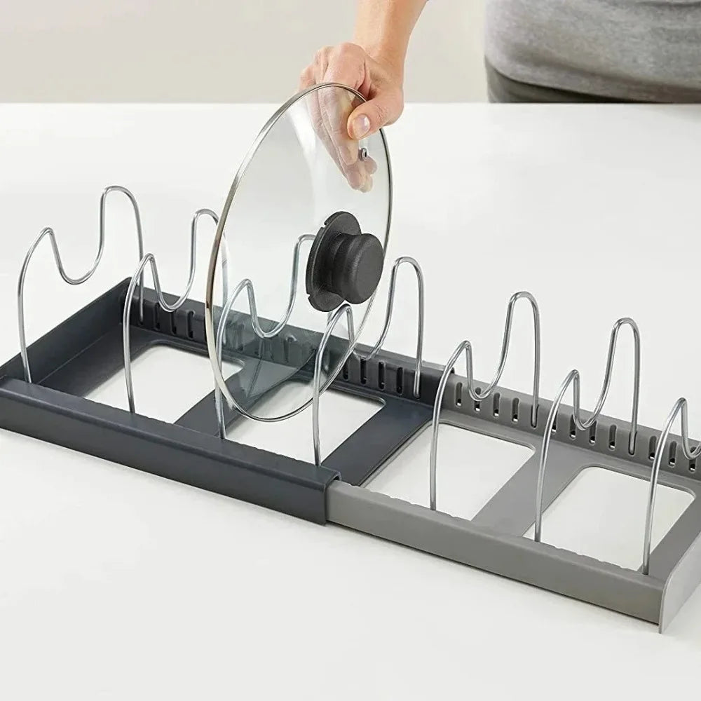 1Pc 7-Grid Telescopic Pot Rack,Pans Organizer,Space-Saving Cabinet Holder for Pots,Pans and Lids-Keep Your Kitchen Neat and Tidy