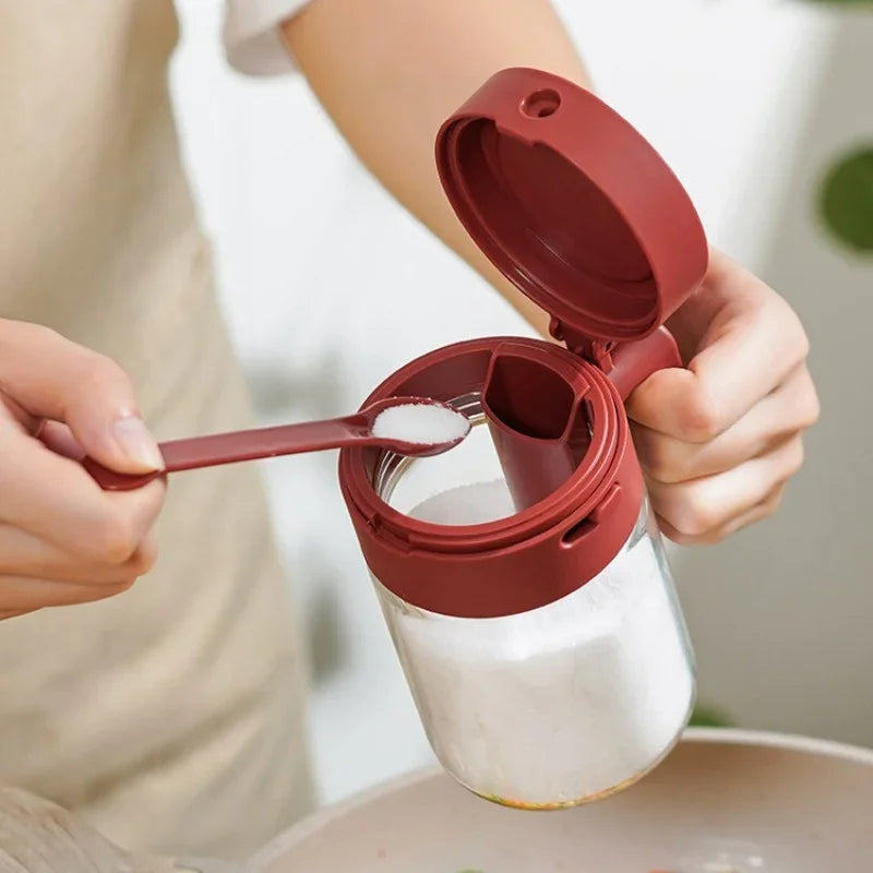 Household Kitchen Moisture-Proof Seasoning Jar Salt Container 2 in 1 Glass Spice Bottle Spoon Separation Glass Seasoning Can