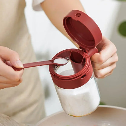 Household Kitchen Moisture-Proof Seasoning Jar Salt Container 2 in 1 Glass Spice Bottle Spoon Separation Glass Seasoning Can