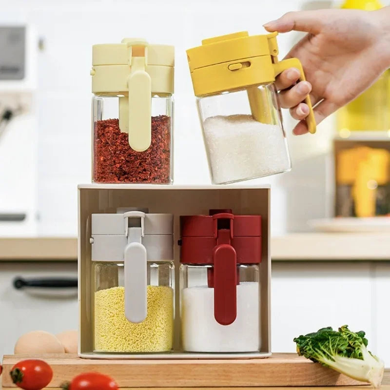 Household Kitchen Moisture-Proof Seasoning Jar Salt Container 2 in 1 Glass Spice Bottle Spoon Separation Glass Seasoning Can