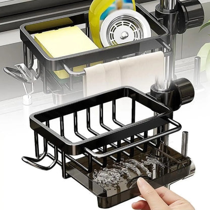 Kitchen Sink Faucet Organizer Dish Drain Rack, Rustproof Sponge Stand Adjustable Holder Sink Caddy Gadgets Storage Accessories